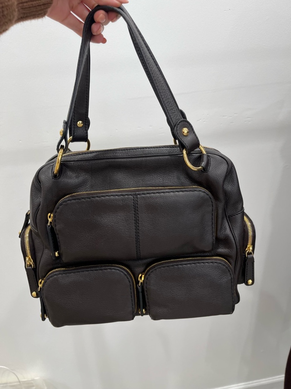 Tod's Dark Brown Leather Multi-Pocket Shoulder Bag with Gold Hardware